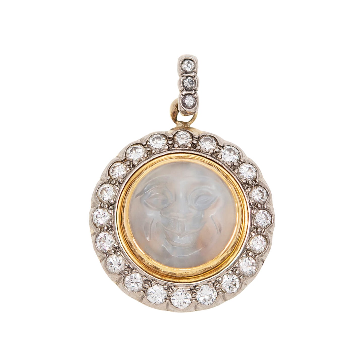 Victorian Revival 14k Carved Moonstone + Diamond Man in the Moon Pendant