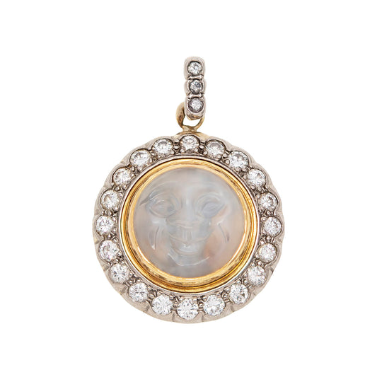 Victorian Revival 14k Carved Moonstone + Diamond Man in the Moon Pendant