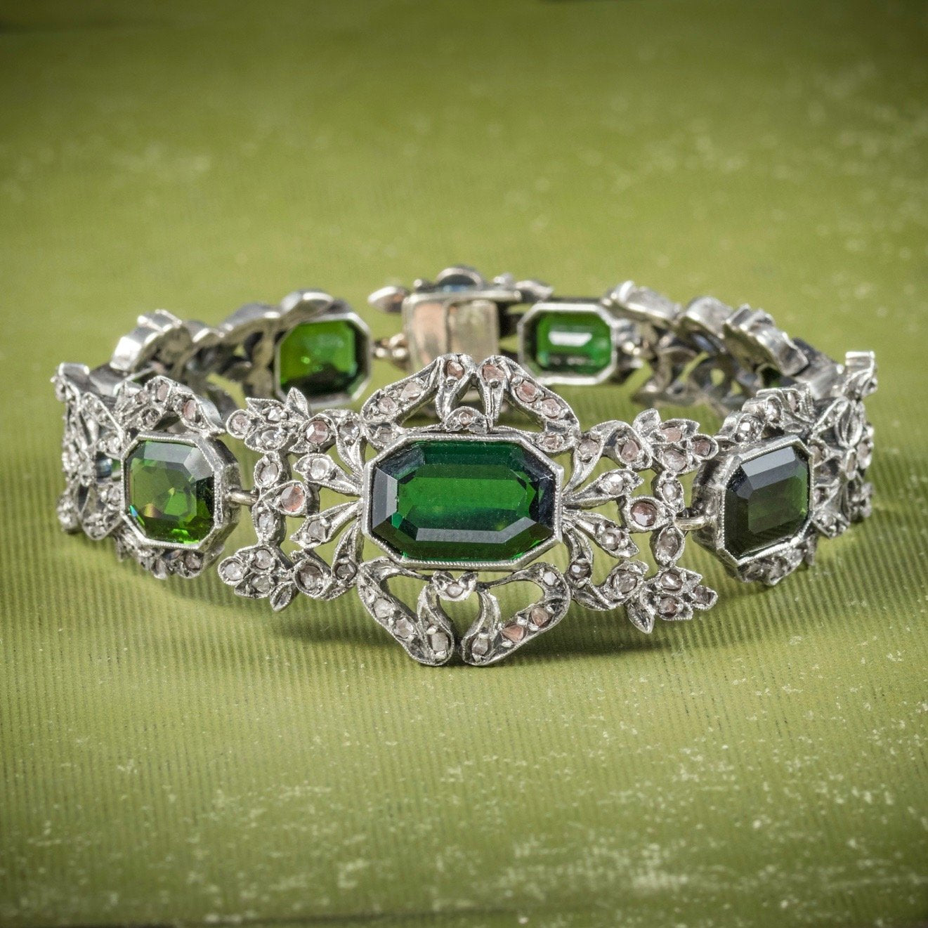 Antique Edwardian Green Tourmaline Bracelet Silver Circa 1910