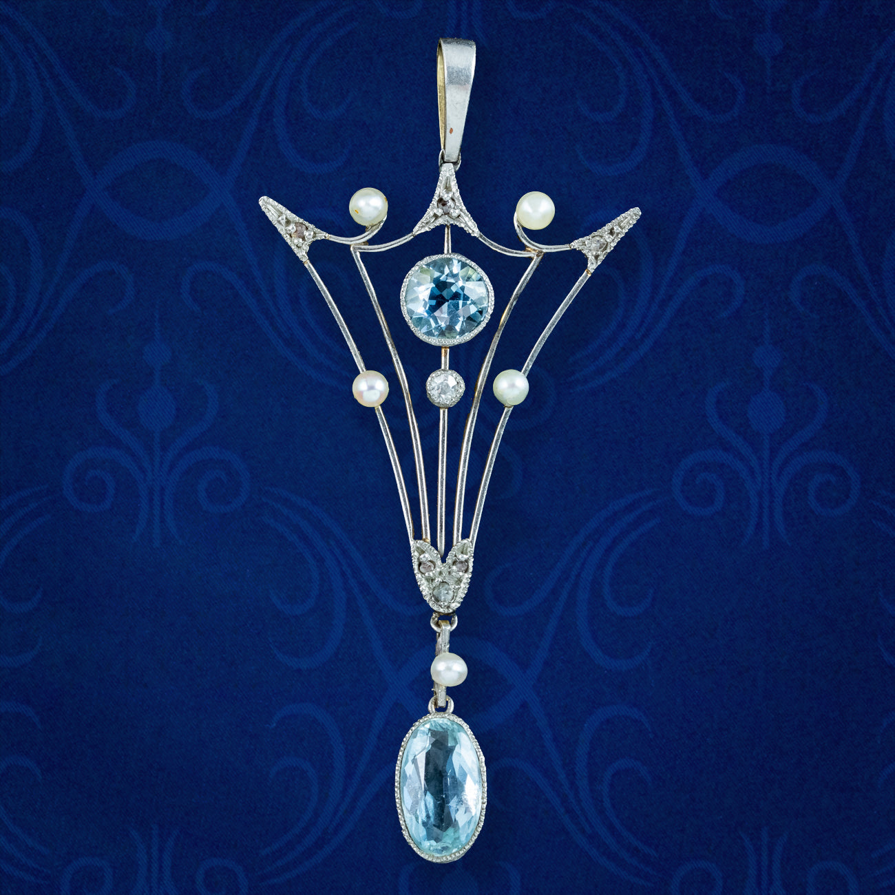 Antique Art Deco Aquamarine Pearl Diamond Pendant 15ct Gold Platinum