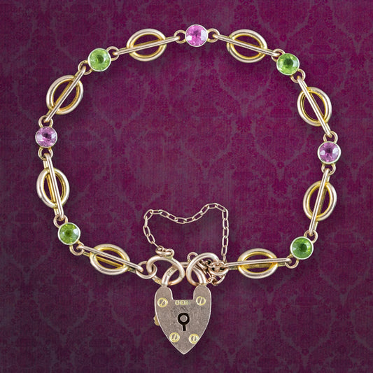 Antique Edwardian Peridot Tourmaline Bracelet With Heart Padlock