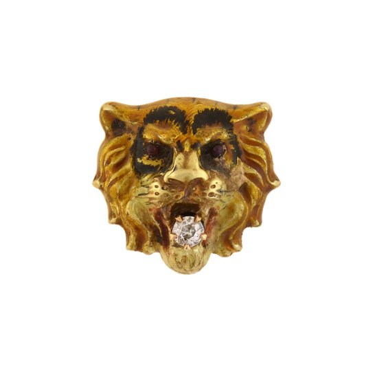 Victorian 15kt Enamel + Diamond Tiger Head Pendant
