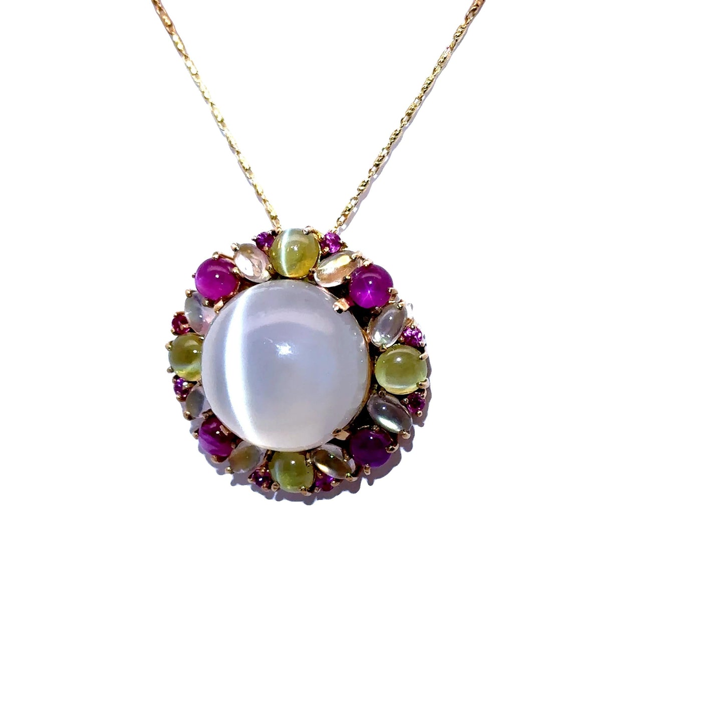 23.77 Carat Cats-Eye Moonstone Multi-Colored Gemstone 18k Yellow Gold Pendant