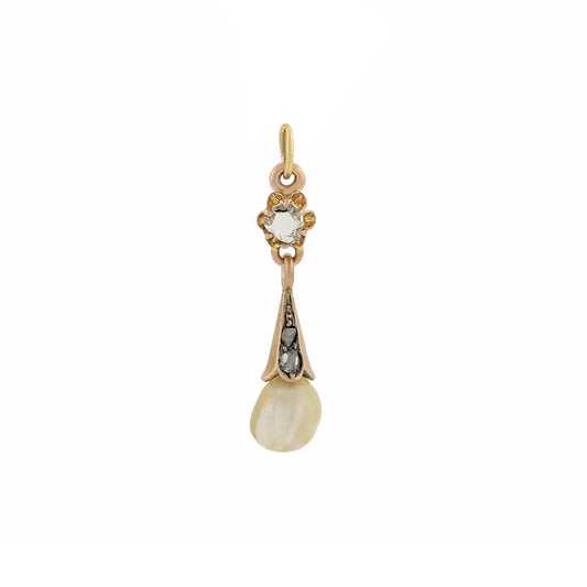 Victorian 14kt Rose Cut Diamond + Natural Pearl Pendant