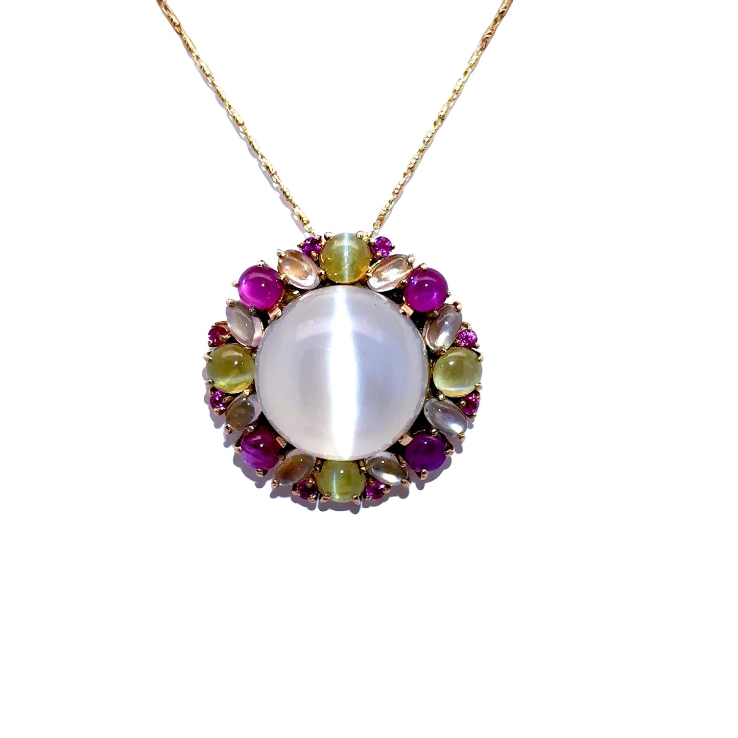 23.77 Carat Cats-Eye Moonstone Multi-Colored Gemstone 18k Yellow Gold Pendant
