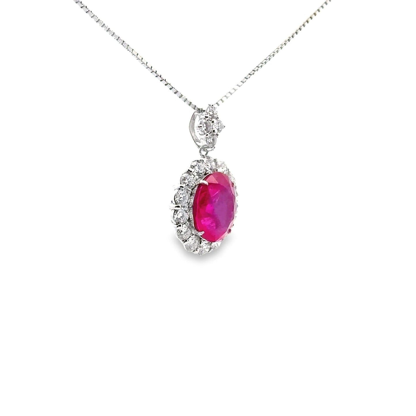7.01 Carat Burmese Ruby Diamond Halo Platinum Pendant Necklace, GRS Certified