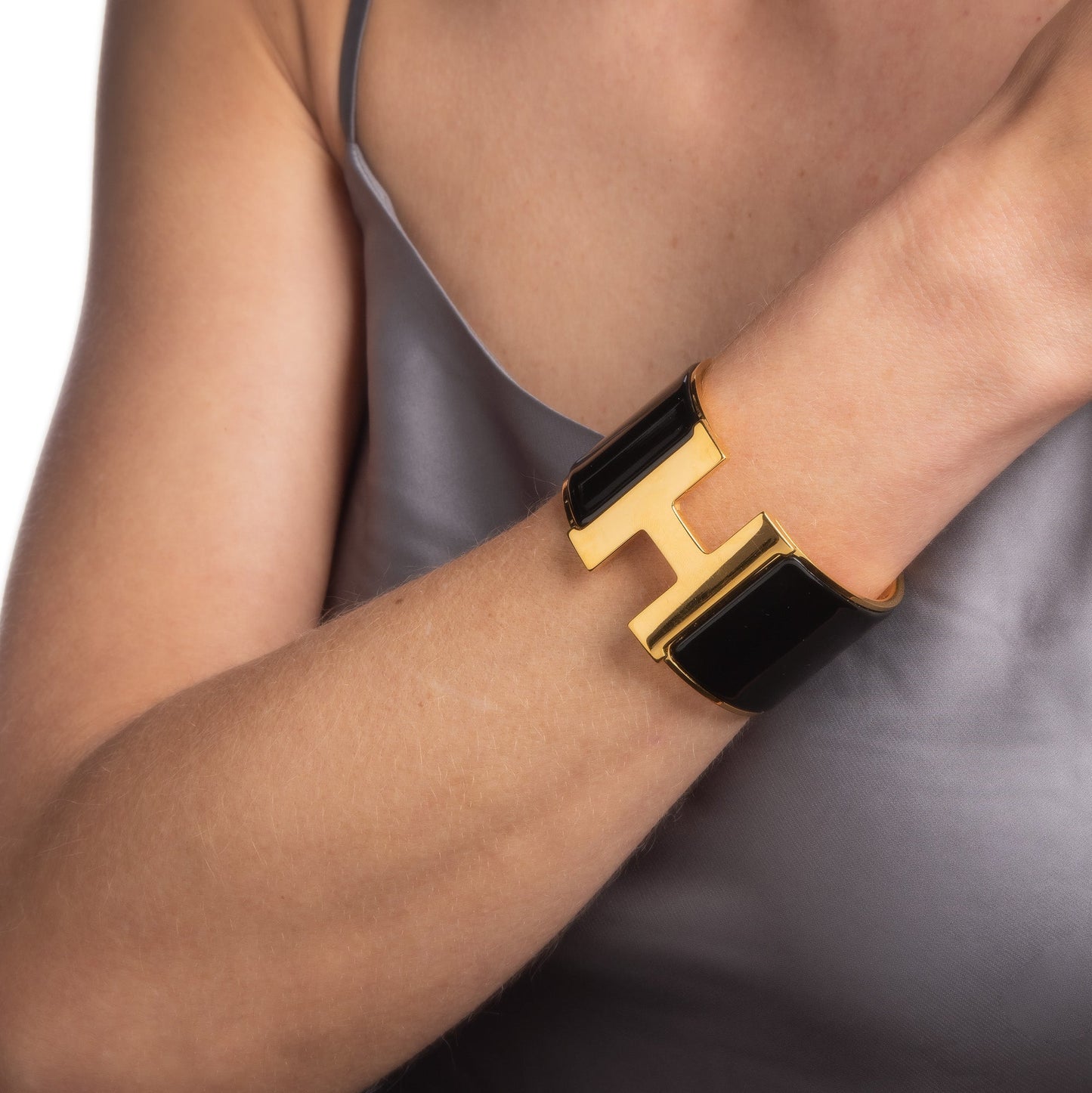 Hermes Clic Clac H Bracelet Black Enamel Extra Wide Yellow Gold Plate