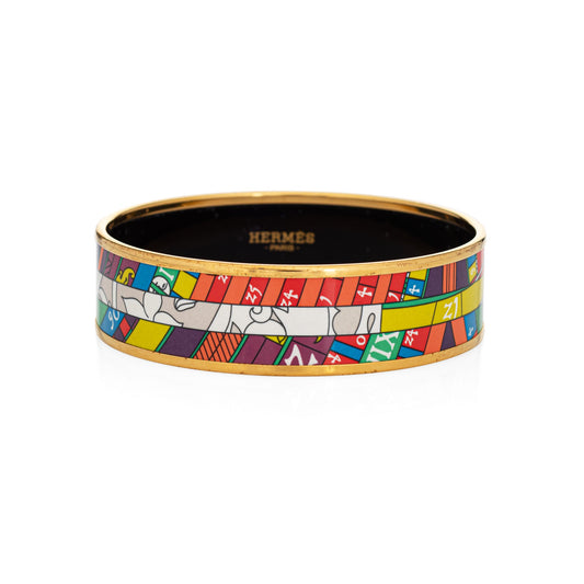 Hermes Enamel Bangle Bracelet Wide 62 PM Multi Color Print Yellow Gold Plate