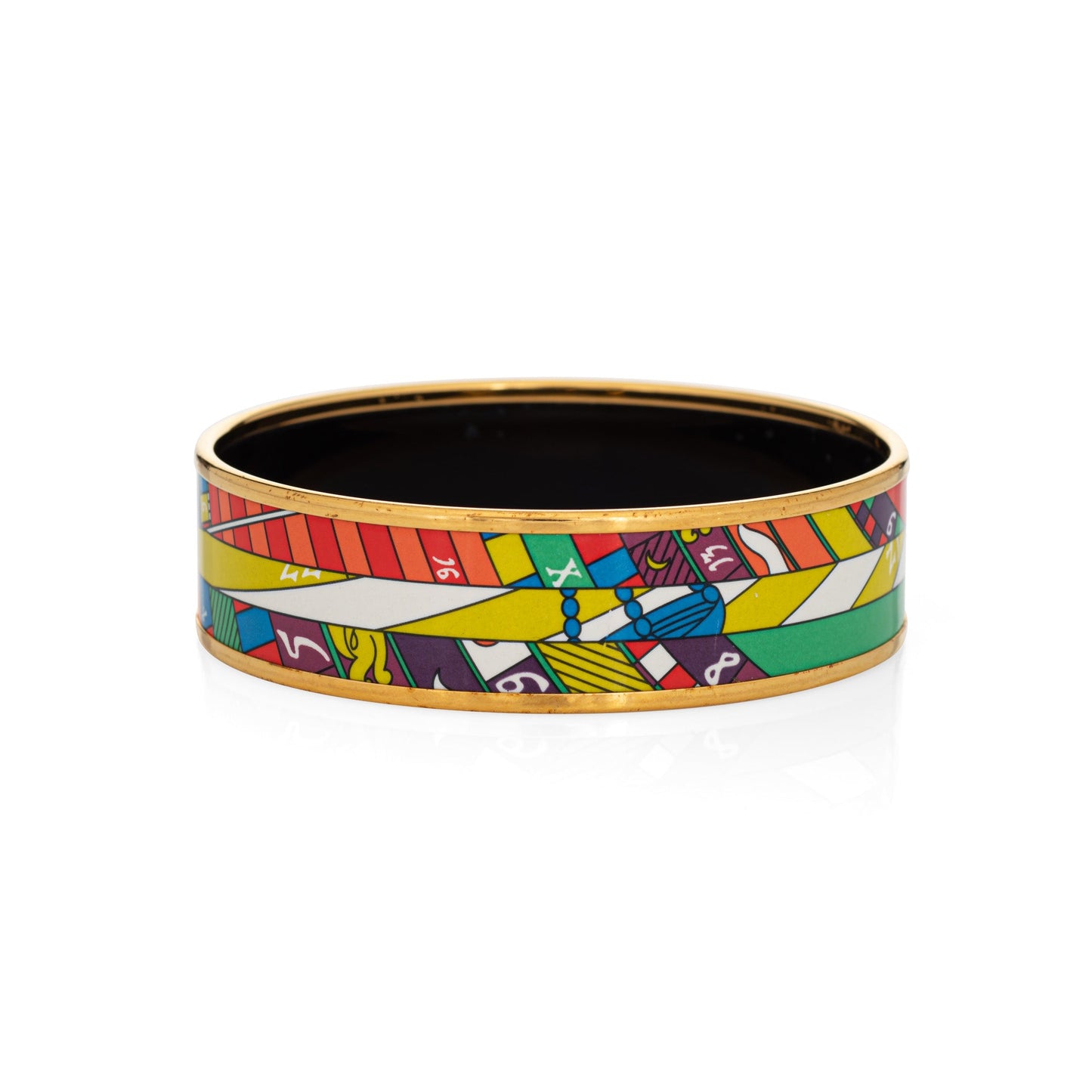 Hermes Enamel Bangle Bracelet Wide 62 PM Multi Color Print Yellow Gold Plate
