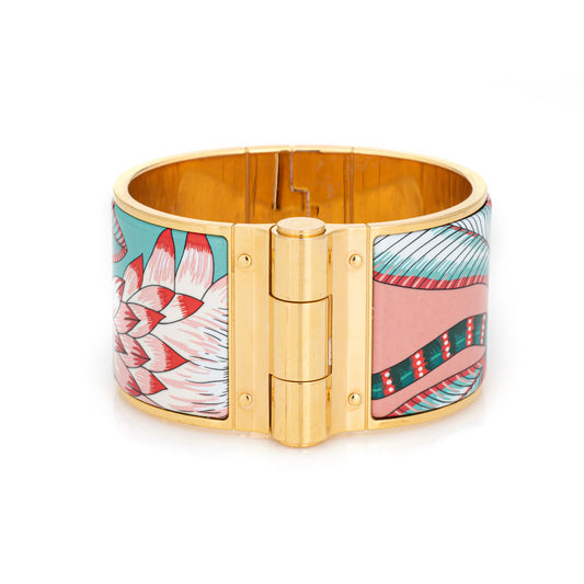 Hermes Charni¨¨re Bracelet Extra Wide Enamel Savana Dance Sz S Yellow Tone Hinged