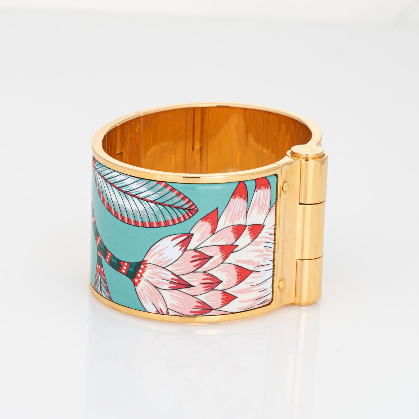 Hermes Charni¨¨re Bracelet Extra Wide Enamel Savana Dance Sz S Yellow Tone Hinged
